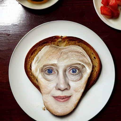 Image similar to photo of breakfast toast that looks like hillary clinton's face, taken with my nikon d 3