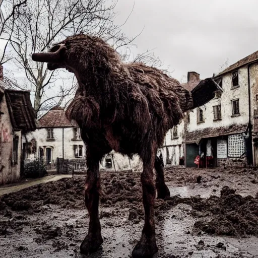 Image similar to horror, moody, still from film, daytime, muddy village square, wide shot, screeching mutant goat monster, powerful and huge, creeping on legs with hands where feet should be, mouth crammed full of filthy jagged teeth, matted brown fur, in muddy medieval village square