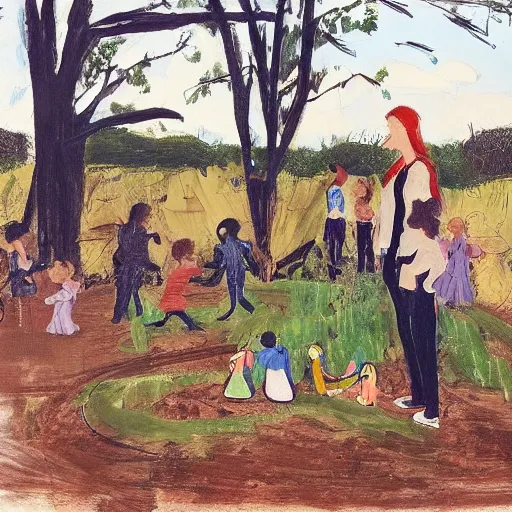 Image similar to A beautiful land art of a young woman surrounded by a group of children. The children are playing and laughing while the woman looks on with a smile. The background is a idyllic countryside scene with rolling hills and trees. steel by Amy Sillman earthy, extemporaneous