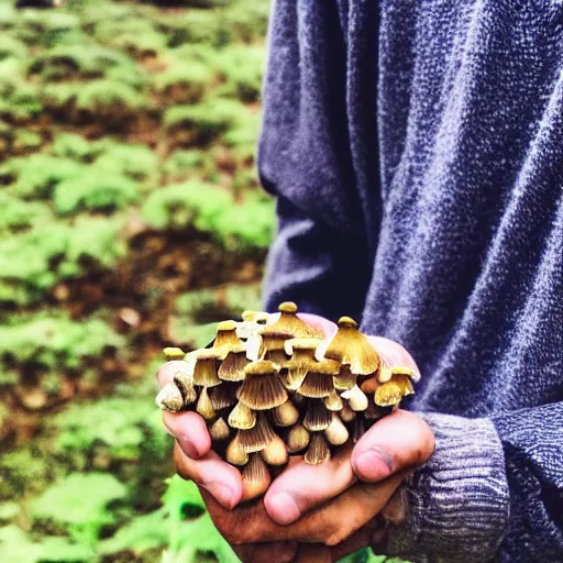 Image similar to iphone 1 3 pro photo of hands holding a golden teacher mushrooms