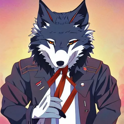 Image similar to key anime visual portrait of an anthropomorphic anthro wolf fursona, in a jacket, with handsome eyes, official modern anime art