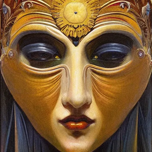 Image similar to masterpiece painting of a facemask made of stylized flowers, by annie swynnerton and jean delville and tino rodriguez, flower mask, art deco shaman, symbolist, dramatic lighting, god rays, elaborate geometric ornament, clean crisp graphics, soft cool colors, smooth, sharp focus, extremely detailed