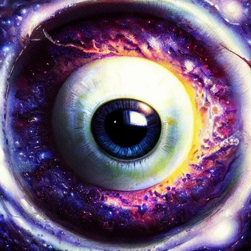 Image similar to low angle shot of a chicken eye with the galaxy in the iris by clive barker, intricate, elegant, highly detailed, centered, digital painting, artstation, concept art, smooth, sharp focus, illustration, artgerm, Tomasz Alen Kopera, Peter Mohrbacher donato giancola, Joseph Christian Leyendecker, WLOP, Boris Vallejo.