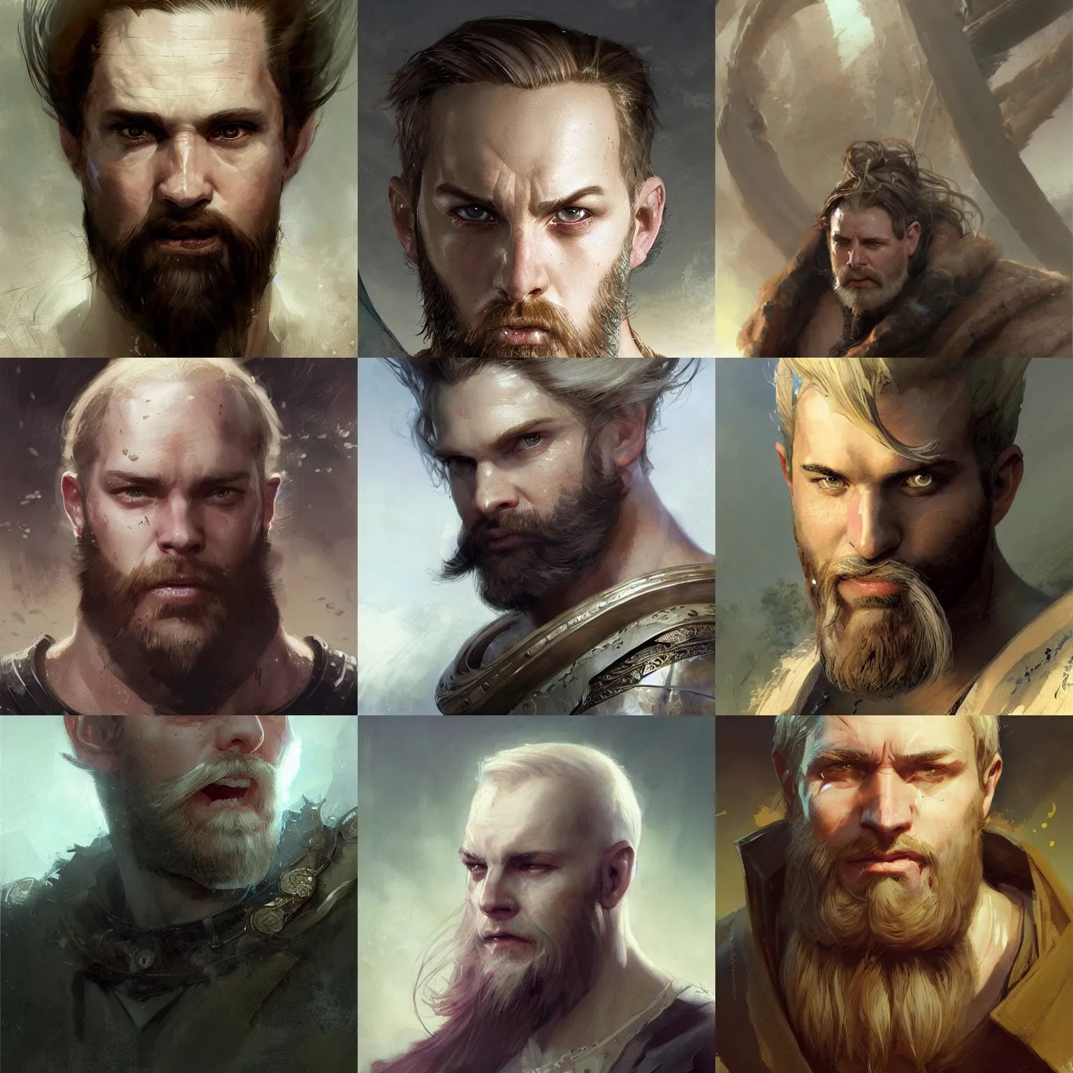 Prompt: english cleric with short light - ish - colored hair and a beard, big forehead, innocent face, thin but athletic, fantasy character portrait by greg rutkowski, gaston bussiere, craig mullins