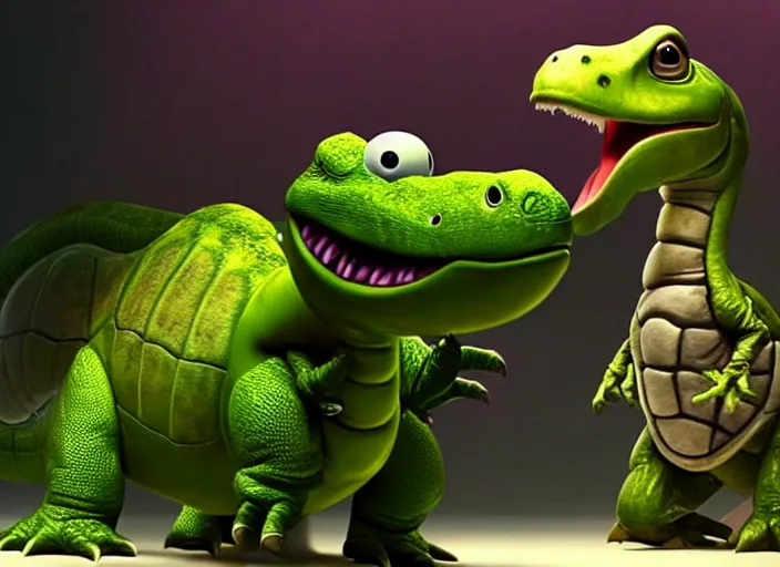 Image similar to film still of yoshi in the new sci - fi movie, cute upright dinosaur standing on its hind legs with a small turtle shell and long tongue, 8 k