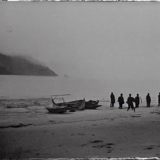Image similar to a mid 1 9 0 0 s photograph of a group of fishermen on the beach, at dawn,