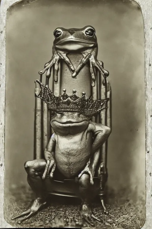 Prompt: a wet plate photo of an anthropomorphic frog king sitting on a throne