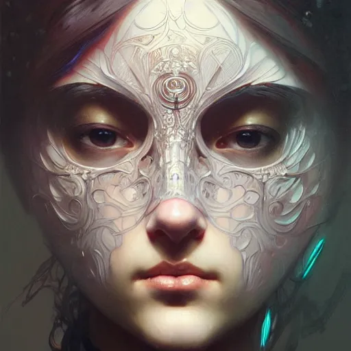 Prompt: A girl wearing a rave mask, face, detailed, intricate, elegant, highly detailed, digital painting, artstation, concept art, smooth, sharp focus, illustration, art by Krenz Cushart and Artem Demura and alphonse mucha