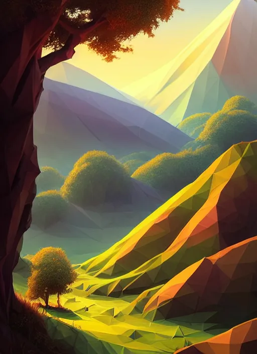 Prompt: summer afternoons in the low - poly hills, the hills are made of polygons, diffuse lighting, fantasy, intricate, surrealism!!!!, highly detailed, lifelike, photorealistic, digital painting, artstation, illustration, concept art, smooth, sharp focus, by greg rutkowski, chris tulloch mccabe, valentina remenar and asher duran,