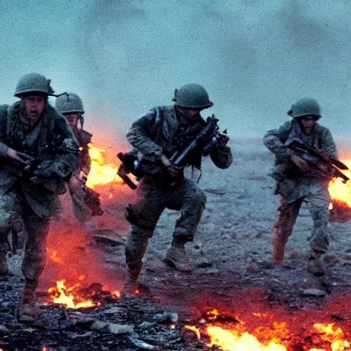 Image similar to american soldiers running at the camera with rifles during normandy beach landing with fiery explosions and debris and dead bodies and limbs all around them in the style of the movie lone survivor and saving private ryan, gritty, 4 k, cinematic lighting, rule of thirds, high power explosions causing bodies to explode with bloody pieces