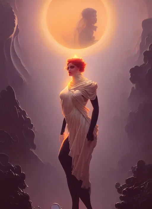 Image similar to leyendecker, michael whelan, abstract foggy girl, goth, ultra high detailed, glowy, sweet night ambient, fog, photorealistic, octane render, photorealistic environment, by greg rutkowski, brom, ferdinand knab, rossdraws, tom bagshaw, alphonse mucha, global illumination, radiant light