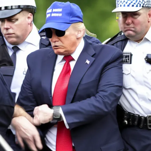 Image similar to candid ap press photo of president trump in handcuffs being arrested by fbi agents, escorting him into a police car, 3 5 mm lens, highly detailed portrait, 4 k uhd, sony camera, f / 2 2