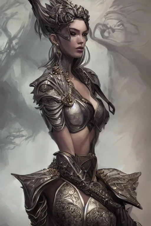 Image similar to three-quarters portrait pose of a beautiful woman, slim body, shining armor, human warrior, fantasy, intricate, elegant, highly detailed, digital painting, artstation, concept art, matte, sharp focus,D&D, illustration, art by Stanley Lau