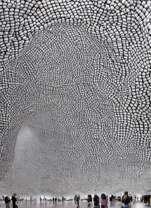 Prompt: a figurative sculpture made of five thousand tightly packed reflective spheres of various sizes