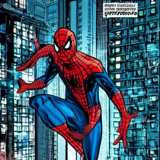 Image similar to spider man comic in cyberpunk future