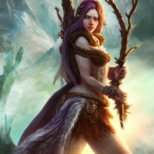 Prompt: a female druid character, concept art, high resolution and detail, photorealistic, cinematic, amazing, inspiring, attractive, full body in frame