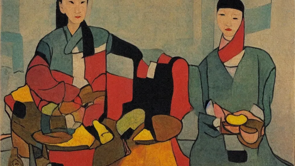 Prompt: an asian woman synthetism artwork