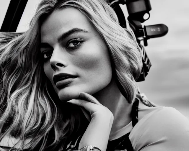 Image similar to a photo of margot robbie sitting on a helicopter propeller, hyper realistic face, beautiful eyes, cinematic, long shot, hyper detailed, 8 5 mm photograph, 8 k resolution, film still, sharp lens, wide lens