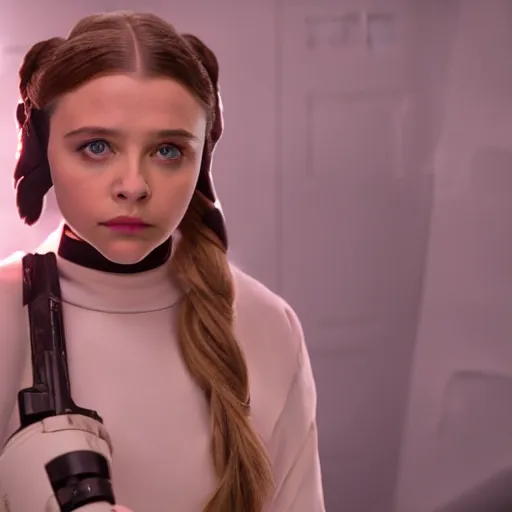 Image similar to Adult Chloe Moretz as Princess Leia, movie scene, DSMC2, 50mm, F1.4, studio lighting, professional, Look at all that detail!, Dolby Vision, UHD