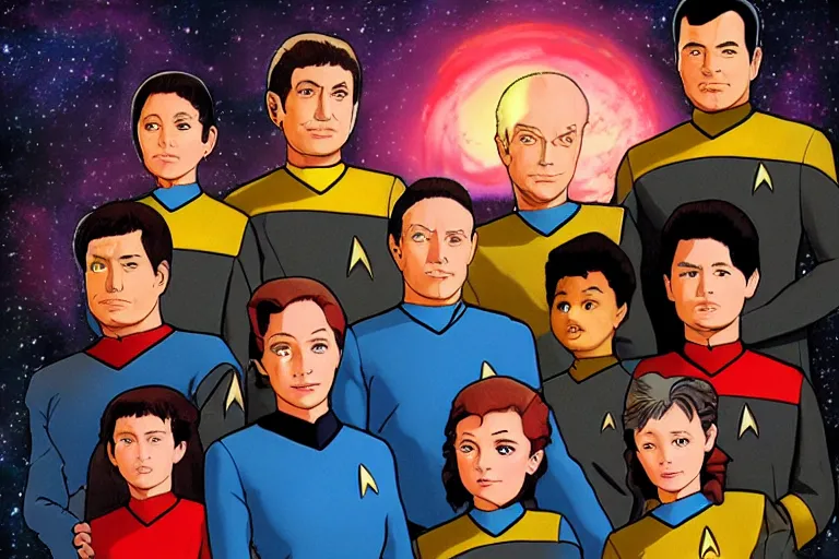 Image similar to star trek next generation bridge crew, family portrait, in style of hayao miyazaki