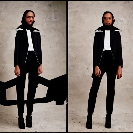 Image similar to realistic photoshooting for a new balenciaga lookbook color film photography portrait of a beautiful woman model wearing a black harness blazer, photo in style of tyler mitchell