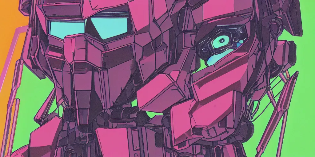 Prompt: risograph grainy painting of gigantic huge evangelion - like gundam mech face with huge earrings and glasses with a lot of details and lasers, covered with plants, half - life 2 scene, by moebius and dirk dzimirsky and satisho kon, close - up wide portrait