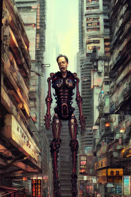 Image similar to wow! 3 / 4 stunning photorealistic portrait of steve buscemi in a kowloon cyberpunk cityscape, biomechanical bodysuit, oppai proportions, acid rain, dark fantasy by artgerm and clay mann and sorayama and alphonse mucha, very realistic, hyperdetailed, trending on artstation, octane render