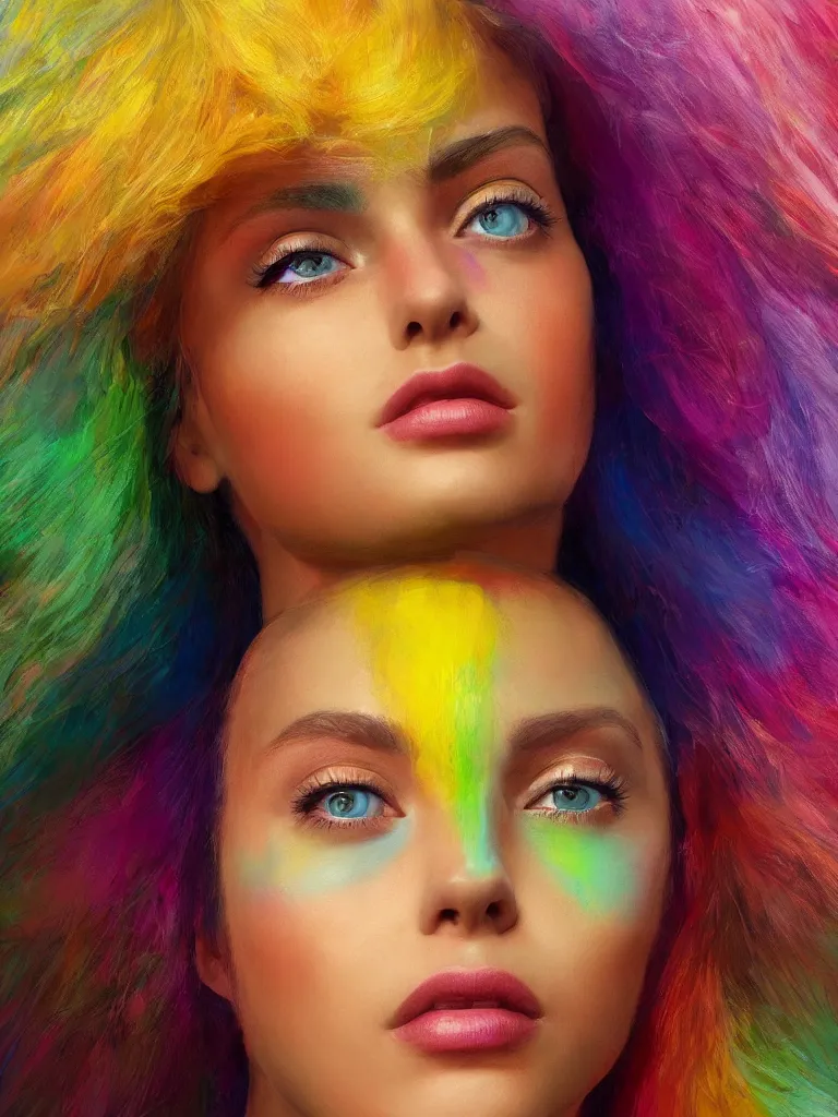 Prompt: close up portrait of beautiful rainbow woman by disney concept artists, blunt borders, rule of thirds