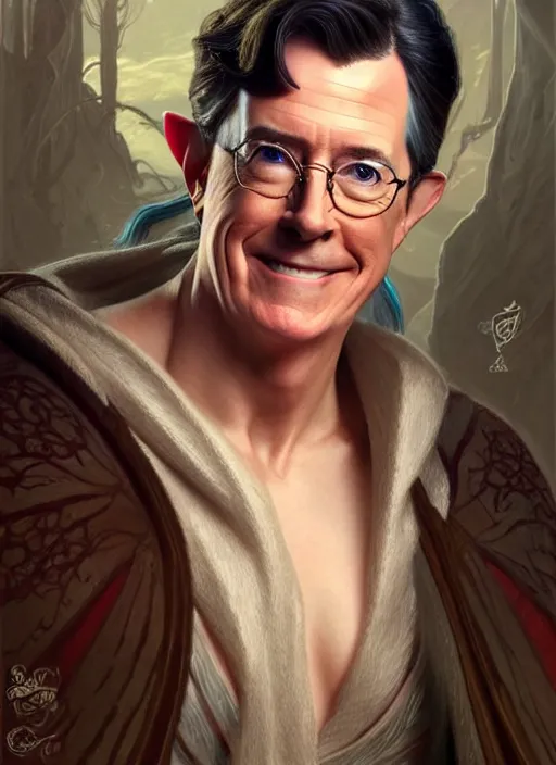 Prompt: portrait of stephen colbert as an elf, long hair, d & d, muscular! fantasy, intricate, robes, elegant, highly detailed, digital painting, artstation, concept art, smooth, sharp focus, illustration, art by artgerm and greg rutkowski and alphonse mucha