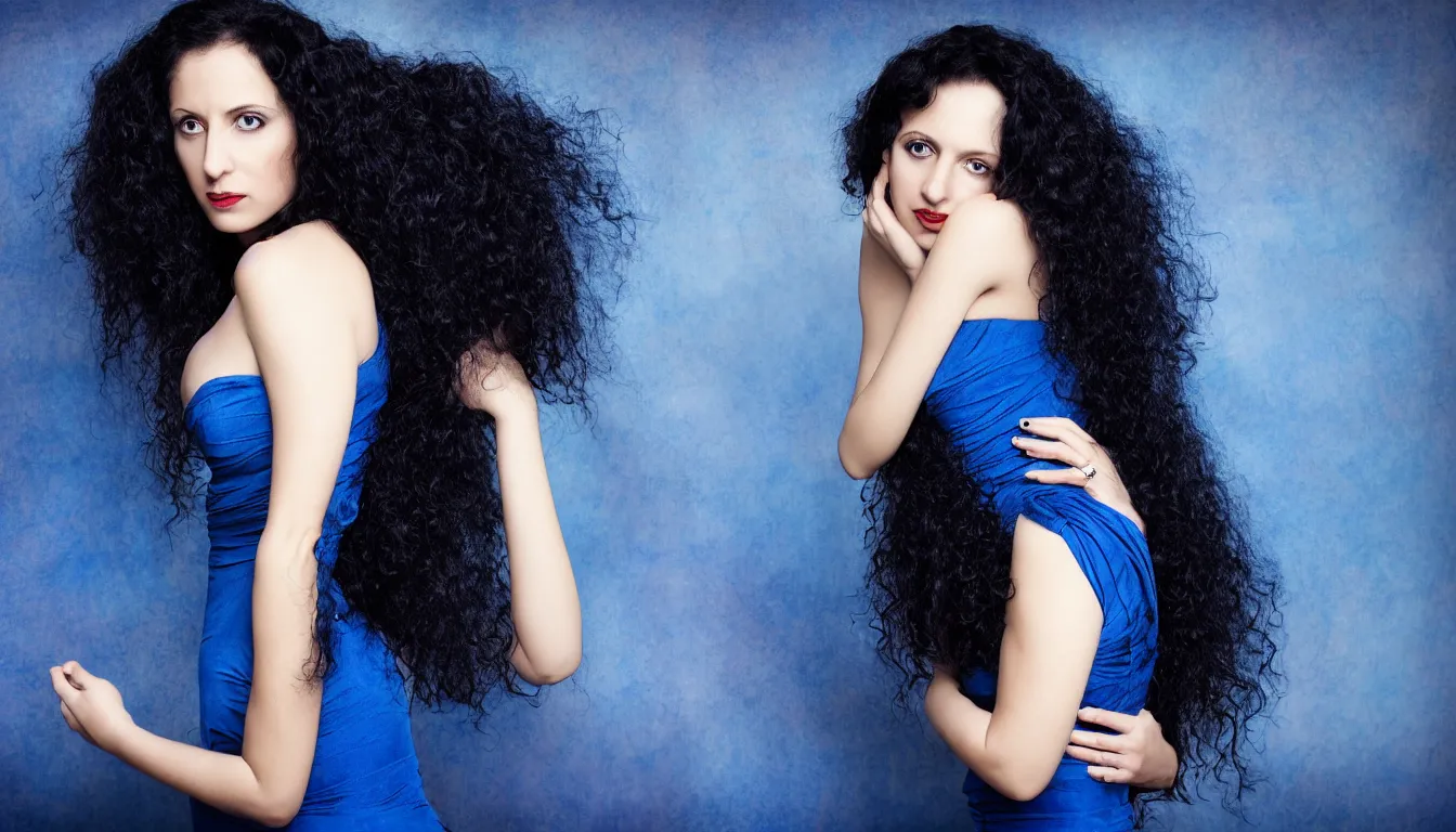 Prompt: a portrait photography of a beautiful woman with black long curly hair and full body dress in blue by Annie Leibovitz, soft professional studio lighting, dramatic colors scheme, fine art photography, dramatic colors background, 50 mm sigma art