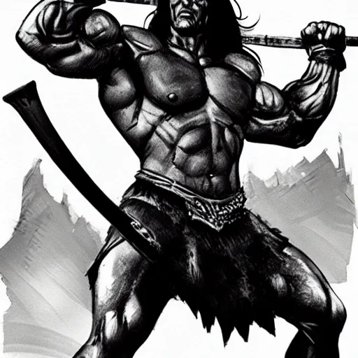 Prompt: concept art conan the barbarian doing bicep curls with heavy weight
