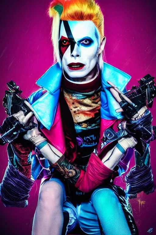 Image similar to portrait of david bowie as a harley quinn in suicide squad. intricate abstract. intricate artwork. by tooth wu, wlop, beeple, dan mumford. octane render, trending on artstation, greg rutkowski very coherent symmetrical artwork. cinematic, hyper realism, high detail, octane render, 8 k, iridescent accents