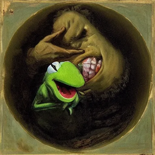 Image similar to “Kermit the Frog Devouring His Son” by Francisco Goya, in the style of “Saturn Devouring His Song”, fresco, horror