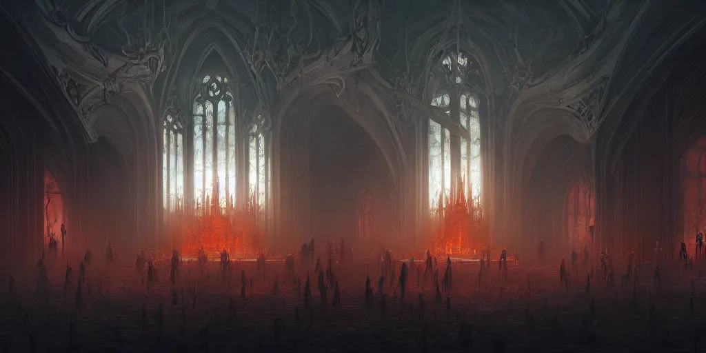 Image similar to breathtaking detailed concept art painting of a dark ritual church in hell, by hsiao - ron cheng, bizarre compositions, exquisite detail, extremely moody lighting, 8 k