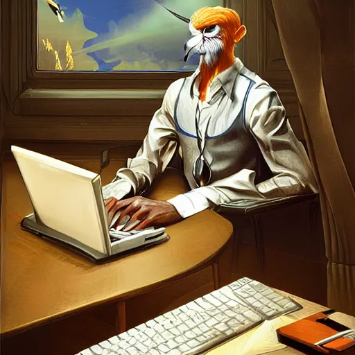 Image similar to a life-like photographic fantasy art raptorial composition of hawk office worker bird-man at computer desk facial portraiture, bird-man is lying on the desk with a baleful eye regarding the computer screen, tired, in stunning digital paint, trending fantasy art by Michael Whelan