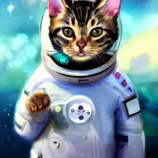 Image similar to head and shoulders masterpiece portrait of a cute adorable cat wearing a spacesuit, surreal background, digital art by krenz cushart, trending on artstation, cgsociety,