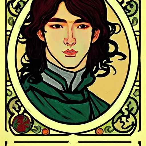 Image similar to painting of young handsome beautiful paladin elf!! man with long! wavy dark hair in his 2 0 s named taehyung minjun at the blueberry party, wearing armor!, long hair, elf ears, elegant, clear, painting, stylized, delicate, soft facial features, art, art by alphonse mucha, vincent van gogh, egon schiele,