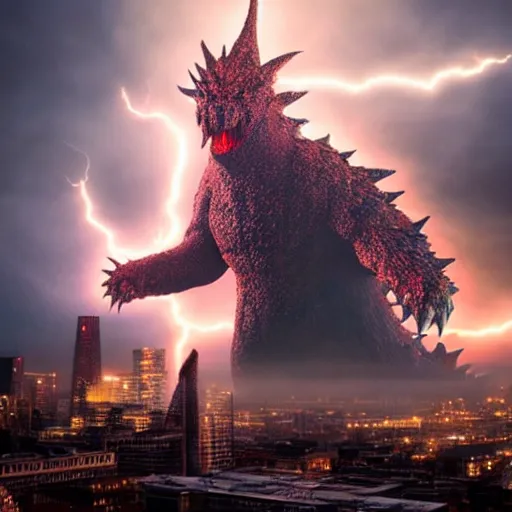 Prompt: Giant Kaiju monster attacks the city of London, breathing lightning fire, night time, cinematic lighting