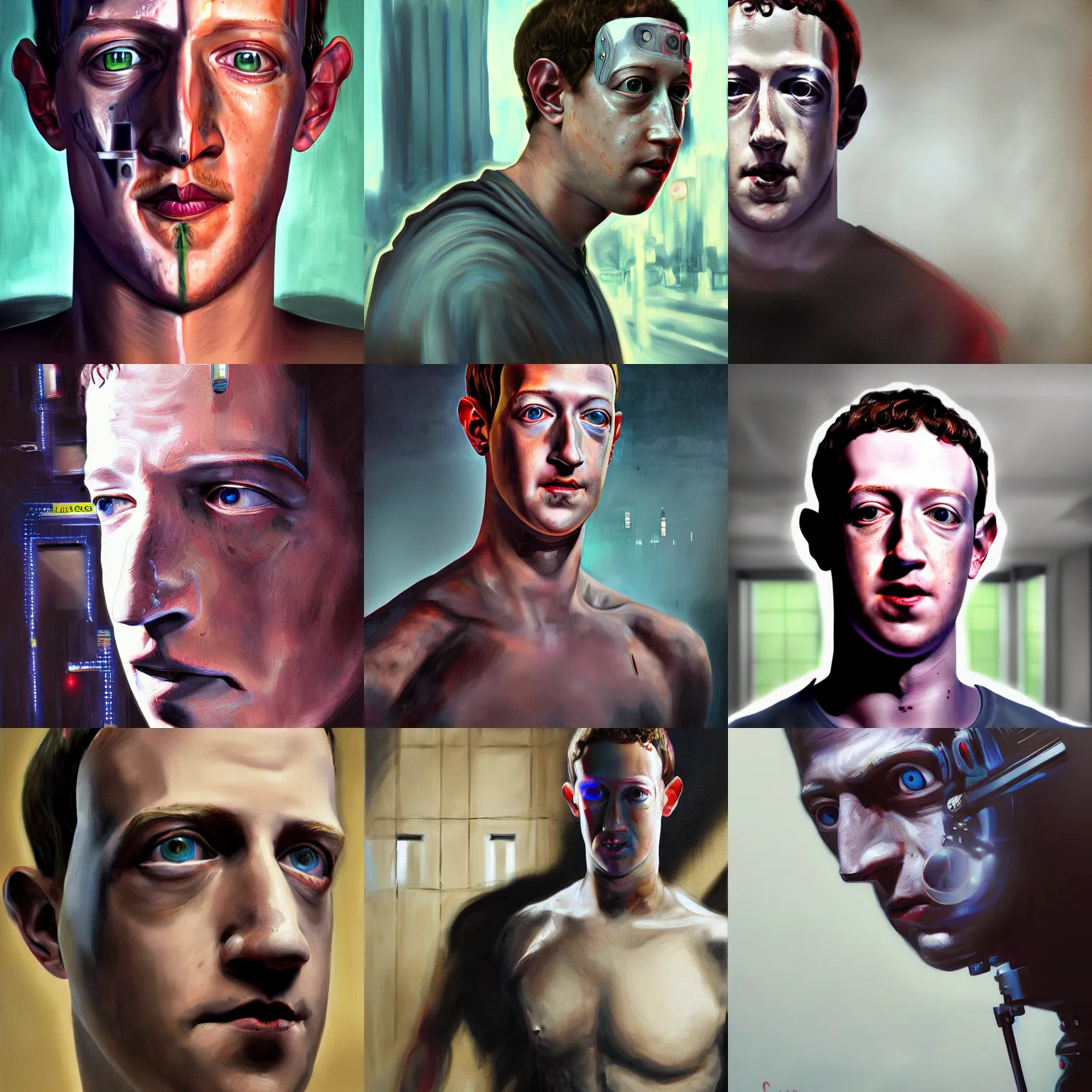 Prompt: horror painting of cyborg mark zuckerberg watching you, stalking, detailed, artstation, high quality