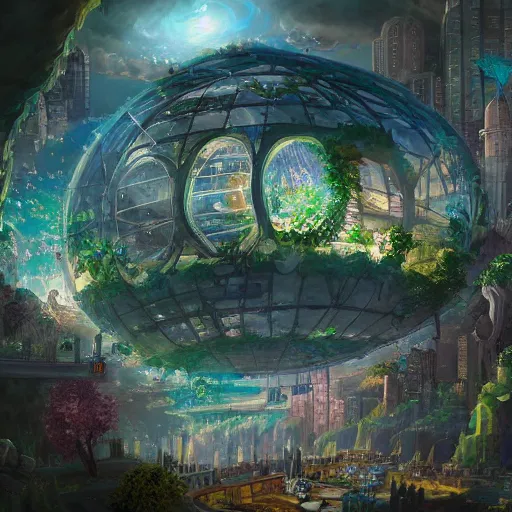 Image similar to a bubble terrarium utopia, with cities galore, dynamic lighting, fantasy concept art, trending on art station, stunning visuals, creative, cinematic, ultra detailed