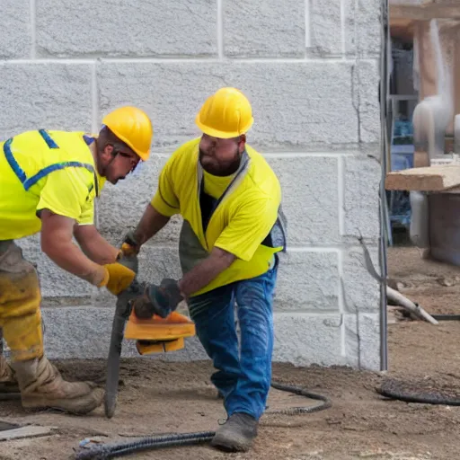 Prompt: construction workers working on a square portal photo