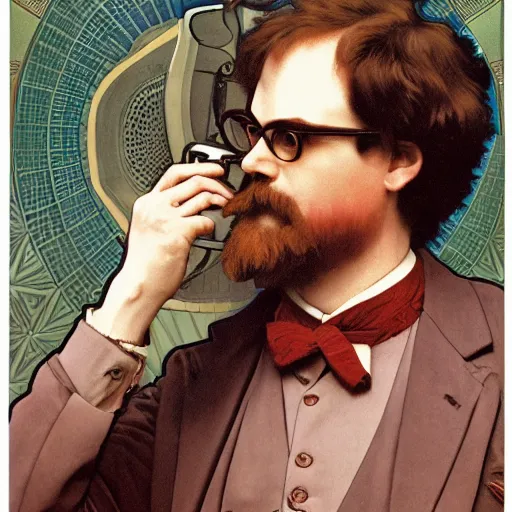 Image similar to a portrait of rainn wilson dressed as sigmund freud, in a soviet propaganda style, 4 k, ultra detailed, by yperdetailed by alphonse mucha and william - adolphe bouguereau and john william waterhouse