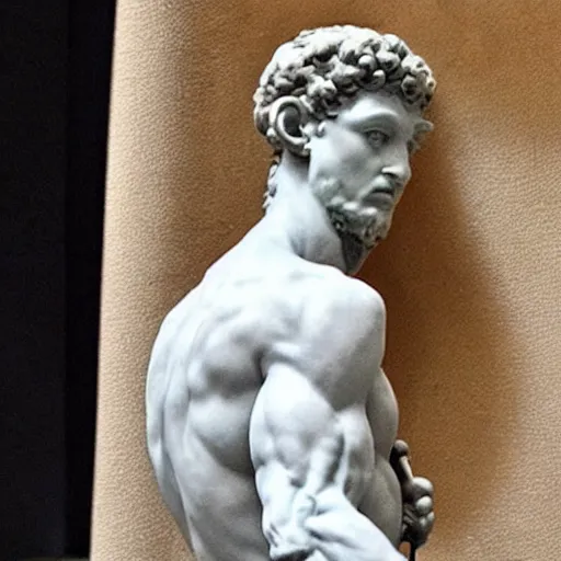 Prompt: Michelangelo sculpture of David wearing headphones DJing