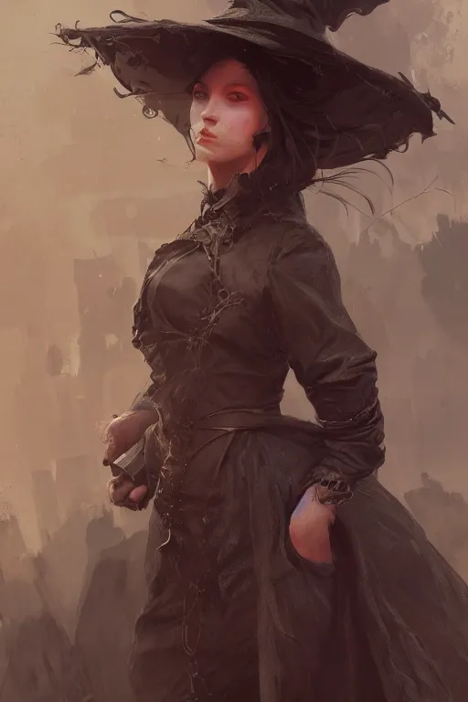 Image similar to portrait of a witch in the middle of a victorian town, concept art by Moebius and Ruan Jia, trending on artstation, artstationHD, artstationHQ, 4k, 8k