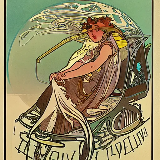 Image similar to Illustration by Alphonse Mucha of a futuristic car