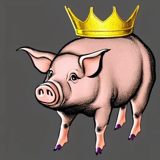 Image similar to pig wearing a gold crown on it's head illustration concept art in the style of Arthur Adams, full body 8k