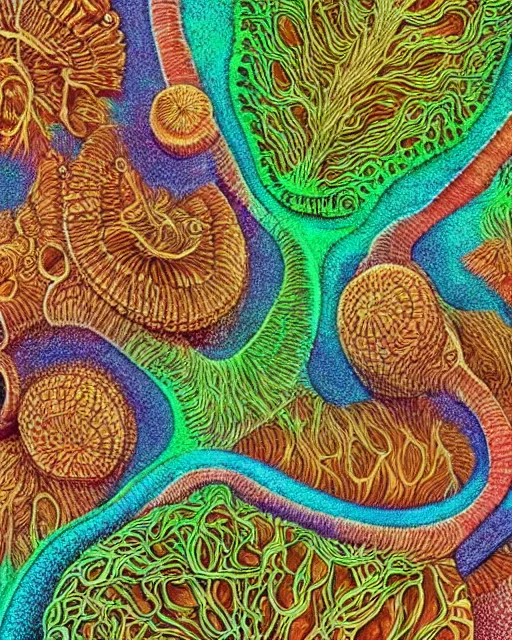 Image similar to Escherichia coli, close up details, drawn by Ernst Haeckel, colorful, beeple rendering