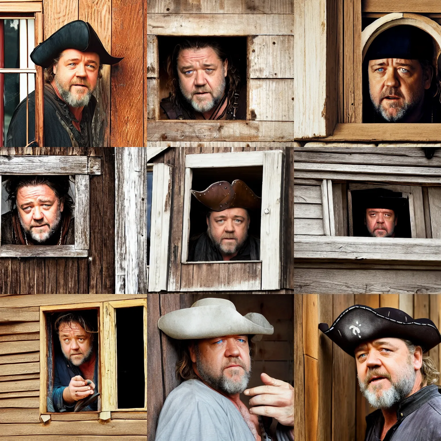 Image similar to russell crowe with large pirate hat peering out concerned down to camera from a small window in a wooden wall