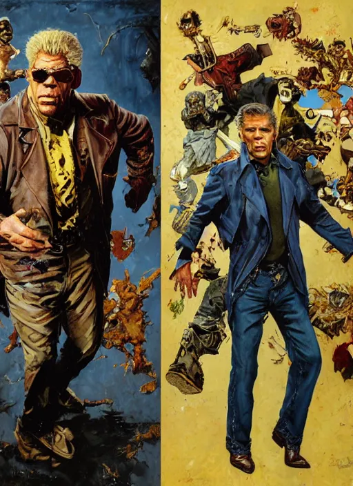 Image similar to full body and head portrait of huge ron perlman in tattered suit and trench coat, dynamic action, painted by norman rockwell and phil hale and greg staples and tom lovell and frank schoonover and jack kirby