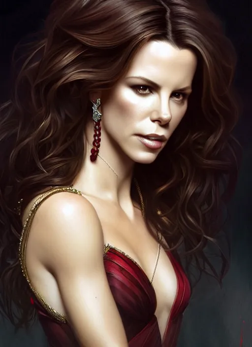 Image similar to portrait of kate beckinsale as a vampire lord, jewelry, greek, ruby, intricate, headshot, highly detailed, digital painting, artstation, concept art, sharp focus, cinematic lighting, illustration, art by artgerm and greg rutkowski, alphonse mucha, cgsociety